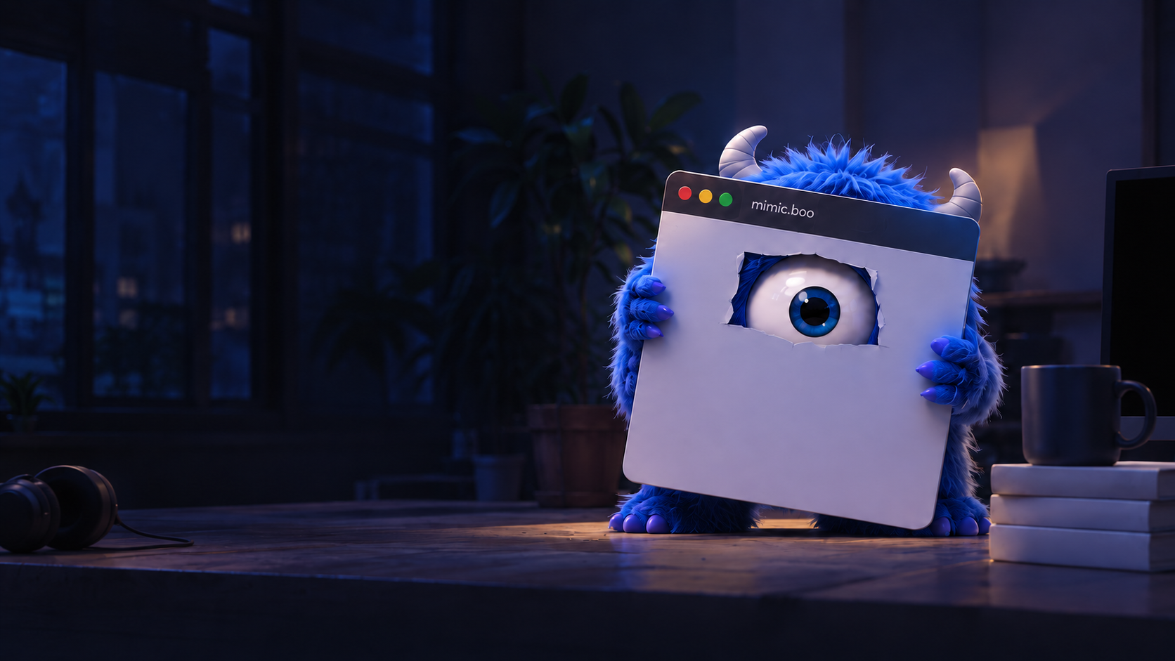 A blue one-eyed Mimic mascot holding a browser window in a softly lit studio